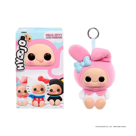Hyojo x Hello Kitty and Friends Blind Box featuring My Melody-inspired plush keychain with pink bunny costume and collectible packaging.