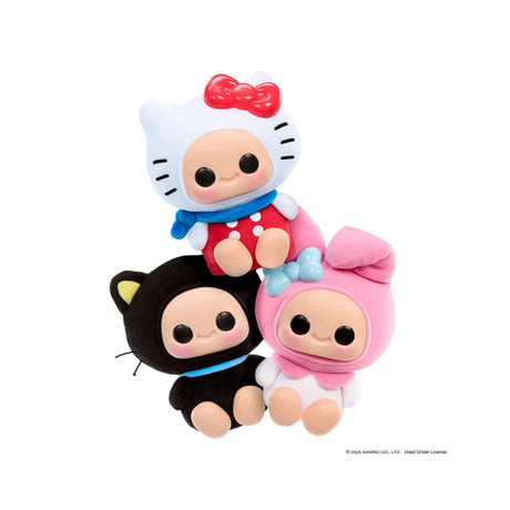 Hyojo x Sanrio collection featuring Hello Kitty, My Melody, and Chococat squishy plush figures stacked together.