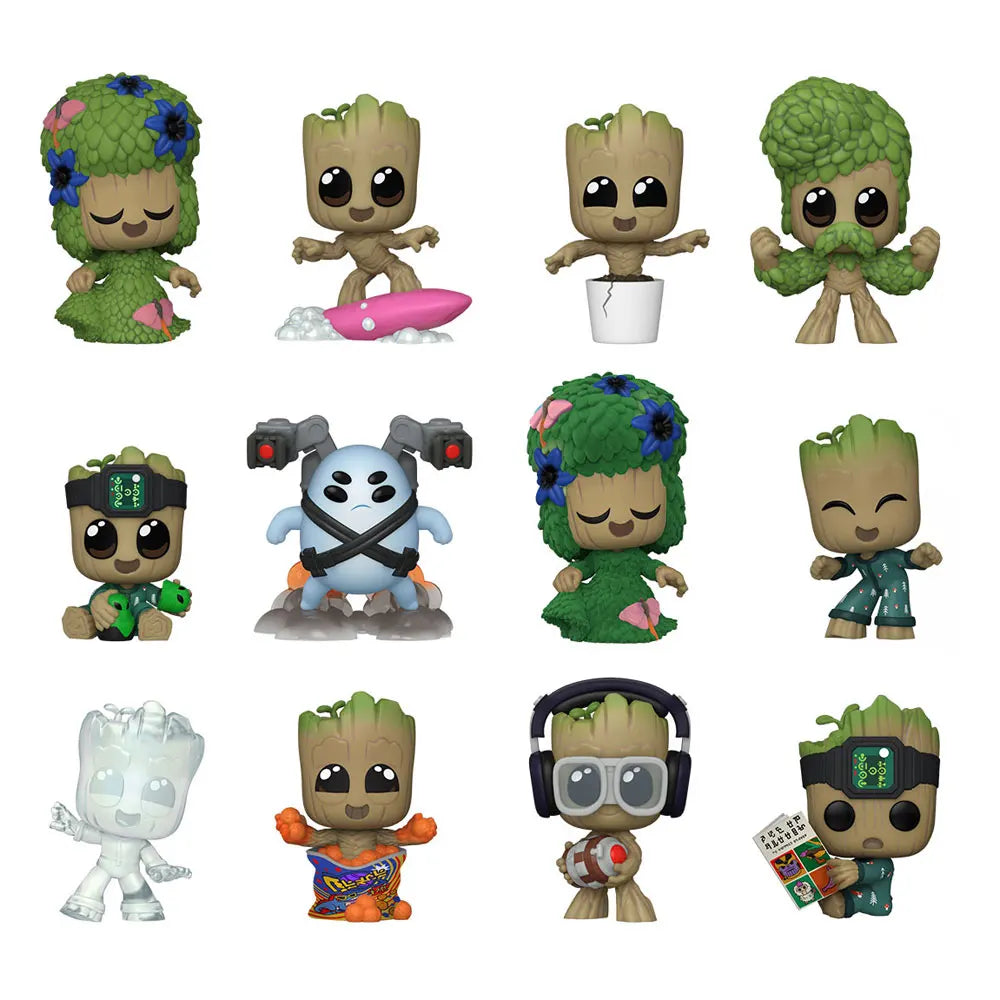 Full set of I Am Groot Mystery Mini blind box figures including multiple Groot variants.