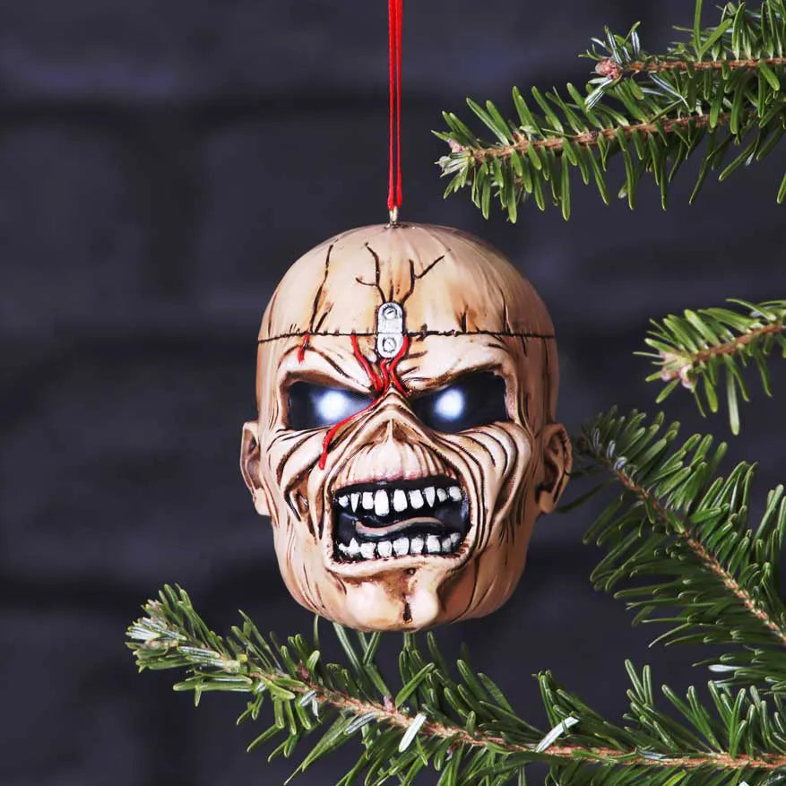 Iron Maiden Trooper Eddie ornament hanging on a Christmas tree
