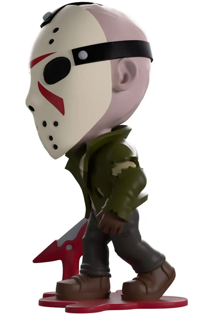 Side angle view of Jason Voorhees Youtooz figure in hockey mask with machete.