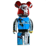 Back view of 400% & 100% Bearbrick Set - Jean-Michel Basquiat (BWWT 3) with bold blue and red art elements and artist name.