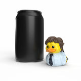 Jim Halpert TUBBZ duck next to a soda can for size comparison.