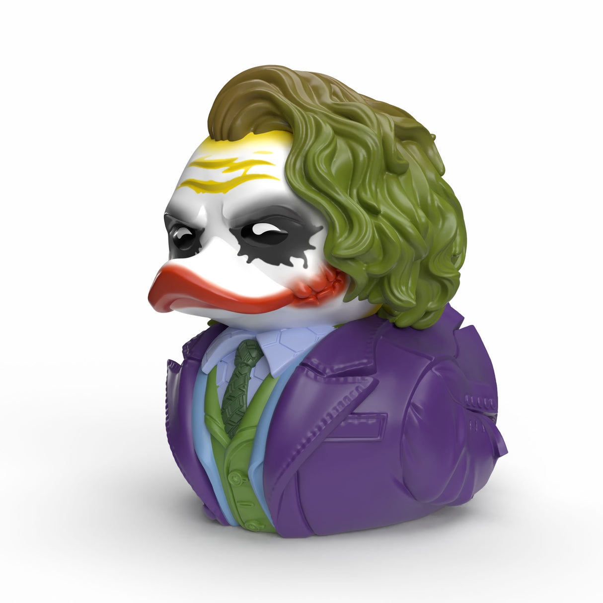 Close-up angled view of Mini Joker TUBBZ duck showing purple suit and makeup details