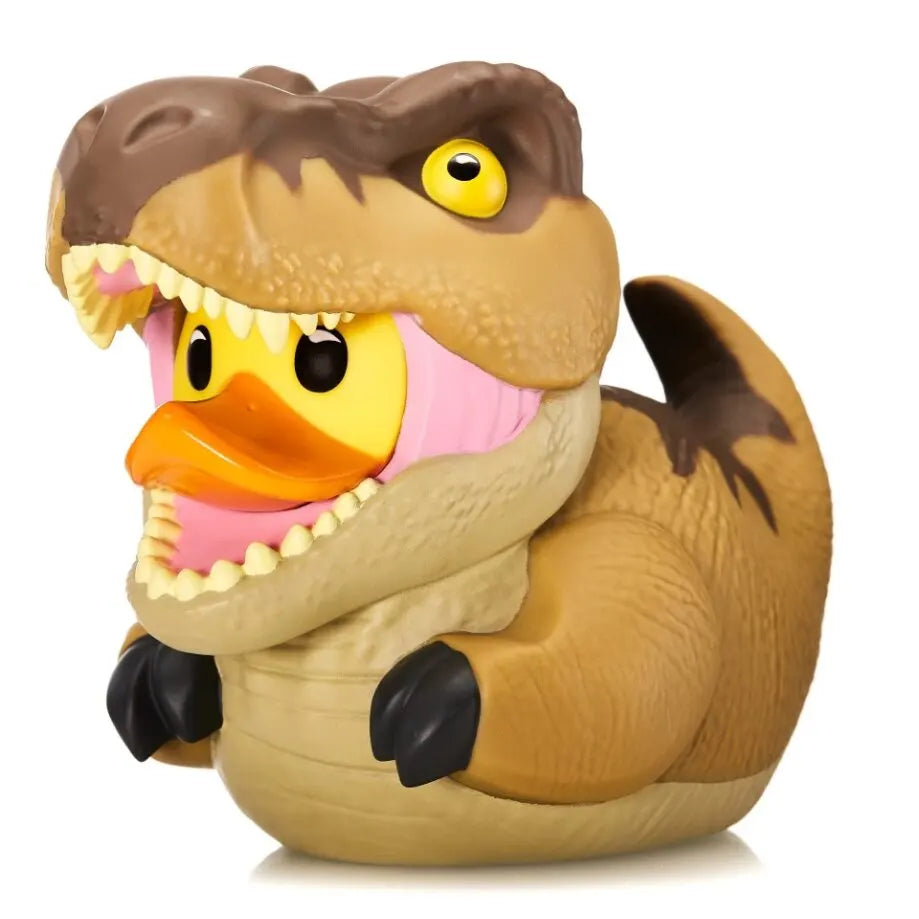 Side view of Jurassic Park T-Rex cosplaying duck