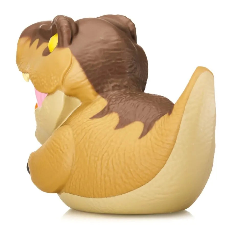 Back view of Jurassic Park T-Rex cosplaying duck