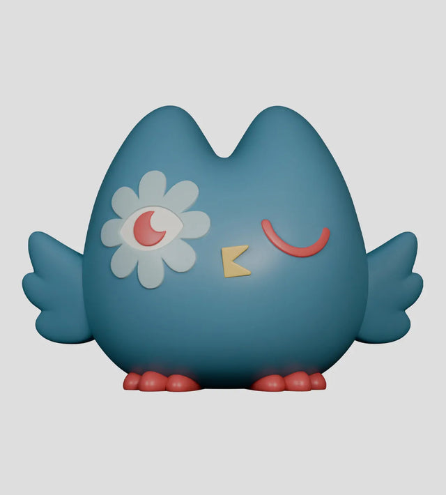 Kairos the Owl vinyl figure front view with blue body and winking expression