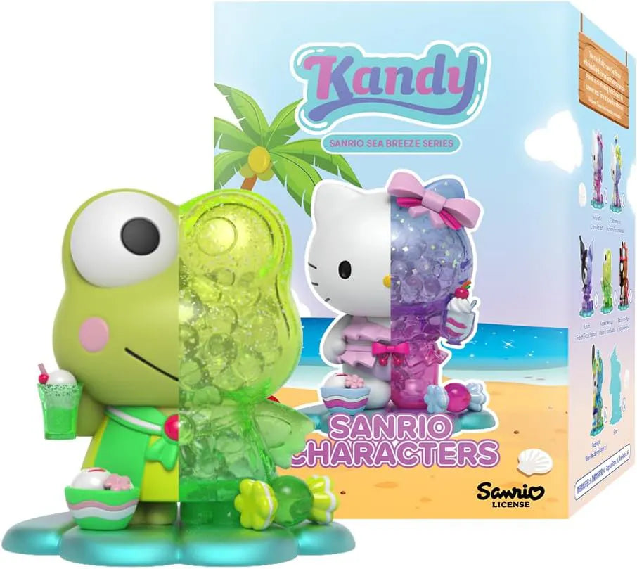 Kerokerokeroppi figure in a green swimsuit with a tropical drink, featuring a vibrant green transparent candy-textured body.