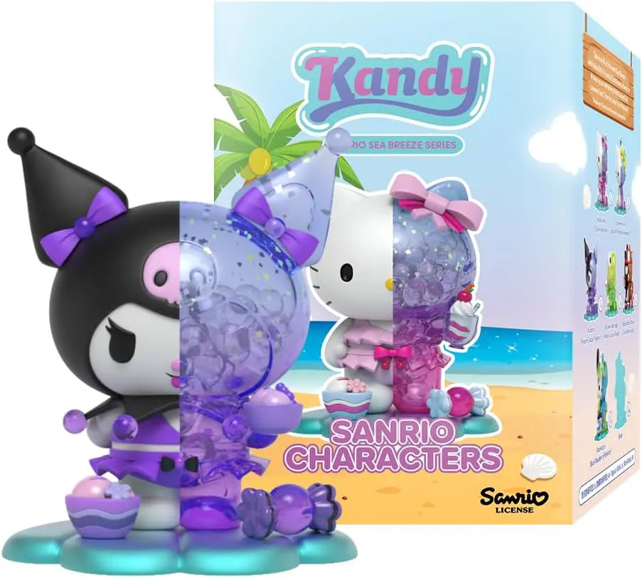 Kuromi dressed in purple with matching lollipop elements and a transparent violet candy-style half, standing on a glossy base.