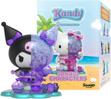 Kuromi dressed in purple with matching lollipop elements and a transparent violet candy-style half, standing on a glossy base.