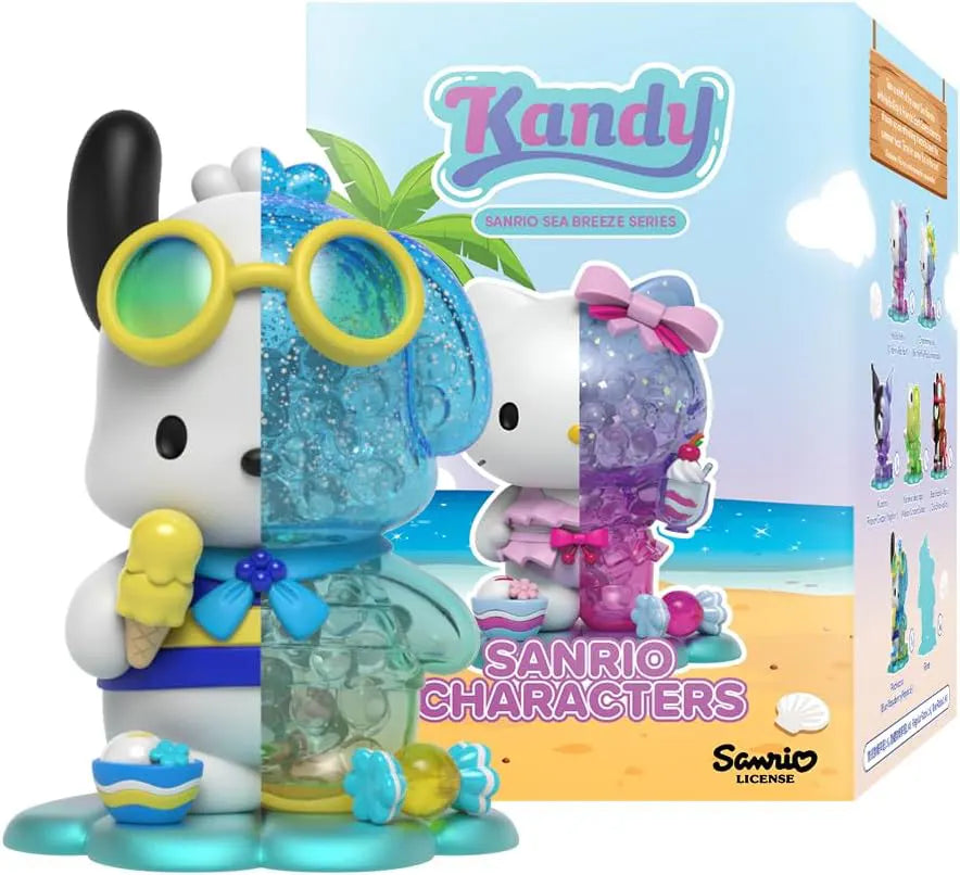 Close-up of Pompompurin figure holding an orange drink, featuring a transparent yellow half revealing glitter details and summer accessories.