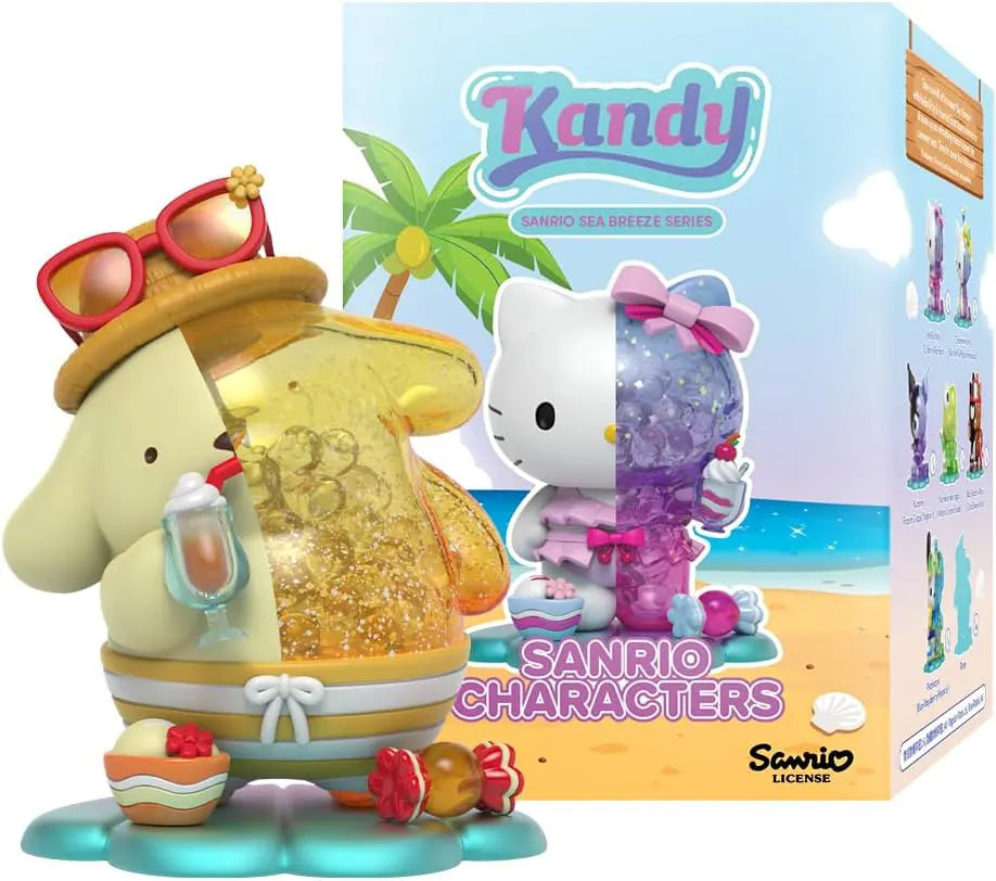Pochacco holding an ice cream cone, wearing sunglasses with a transparent teal candy body and surrounded by beach treats.