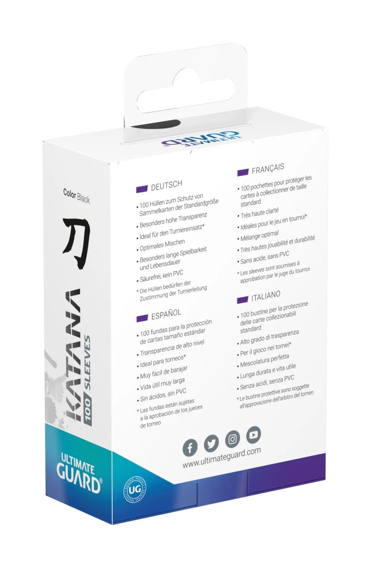 Rear side of Ultimate Guard Katana Sleeves box with multilingual details