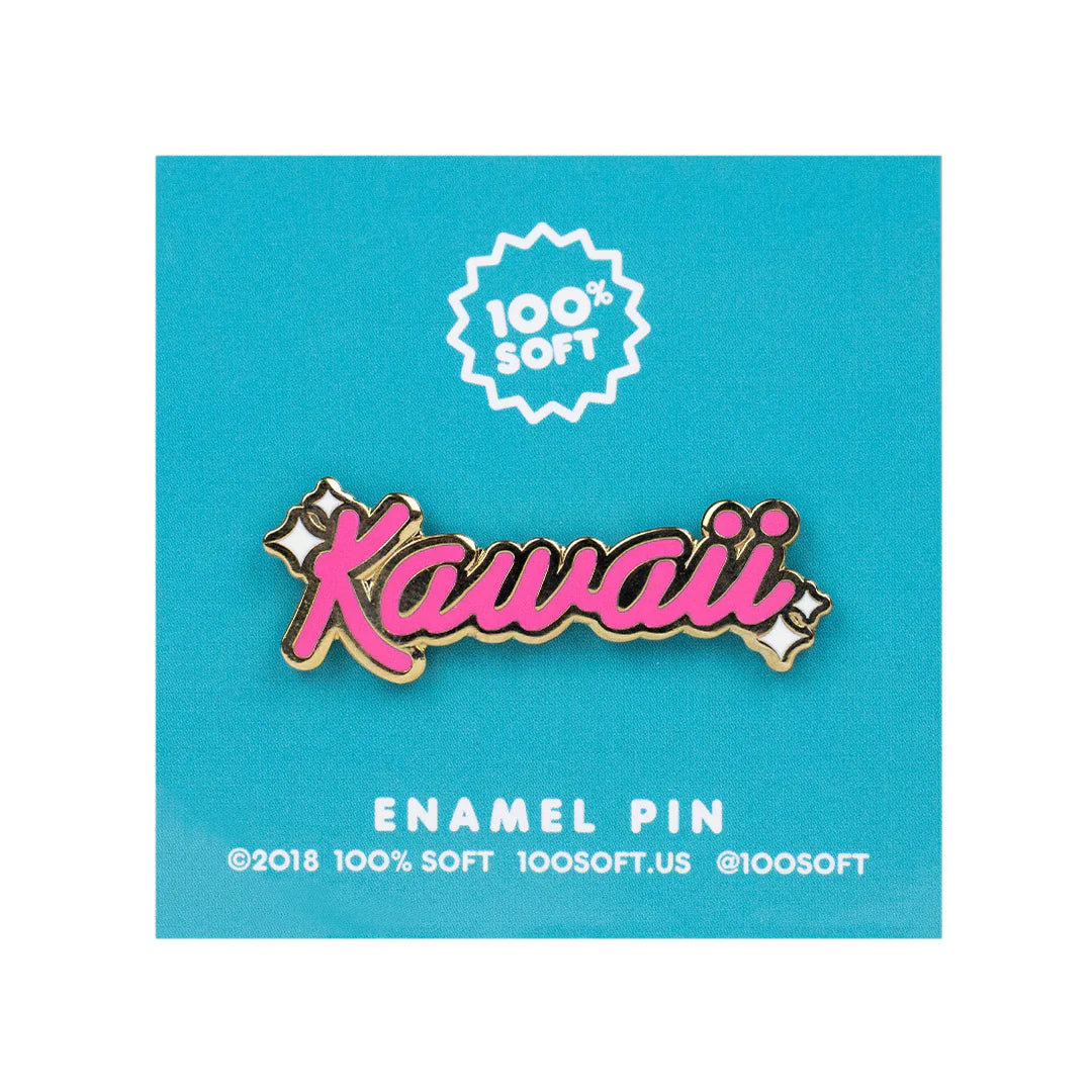 Kawaii hard enamel pin displayed on teal backing card with 100% Soft branding