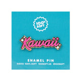 Kawaii hard enamel pin displayed on teal backing card with 100% Soft branding