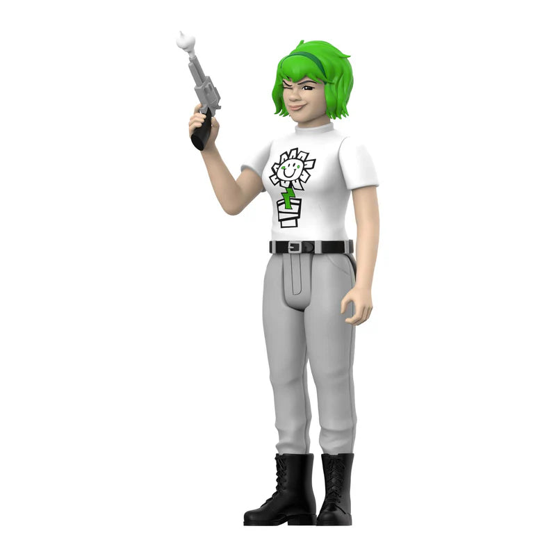 Angled view of Kerplunk Girl Green Day ReAction Figure with green hair and white shirt