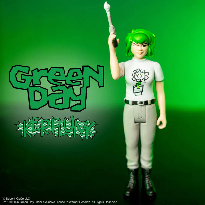 Promotional image of Kerplunk Girl Green Day ReAction Figure on green background