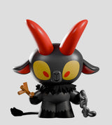 Black Kid Krampus collectible figure with red horns, chain and wooden prop