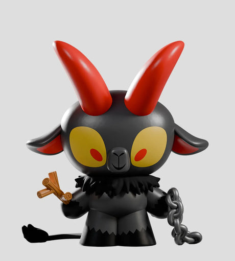 Black Kid Krampus collectible figure with red horns, chain and wooden prop