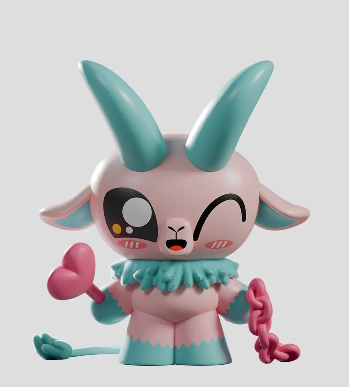 Pink and turquoise Kid Krampus collectible figure holding heart wand and chain
