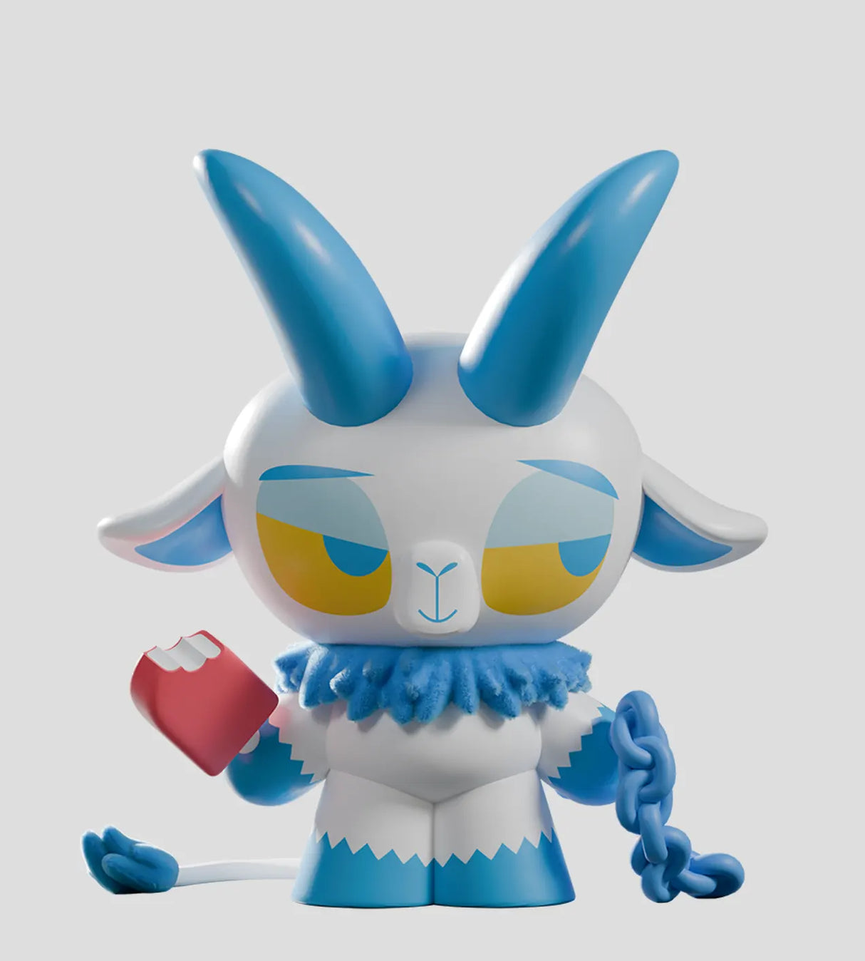White and blue Kid Krampus collectible figure holding red book and blue chain