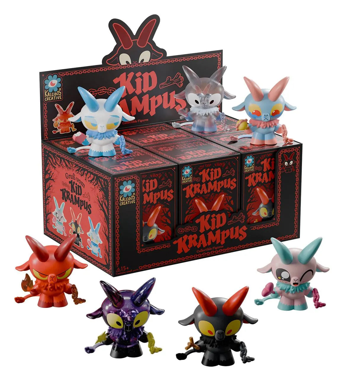 Kid Krampus Blind Box display case with Kaleidos Creative collectible figures