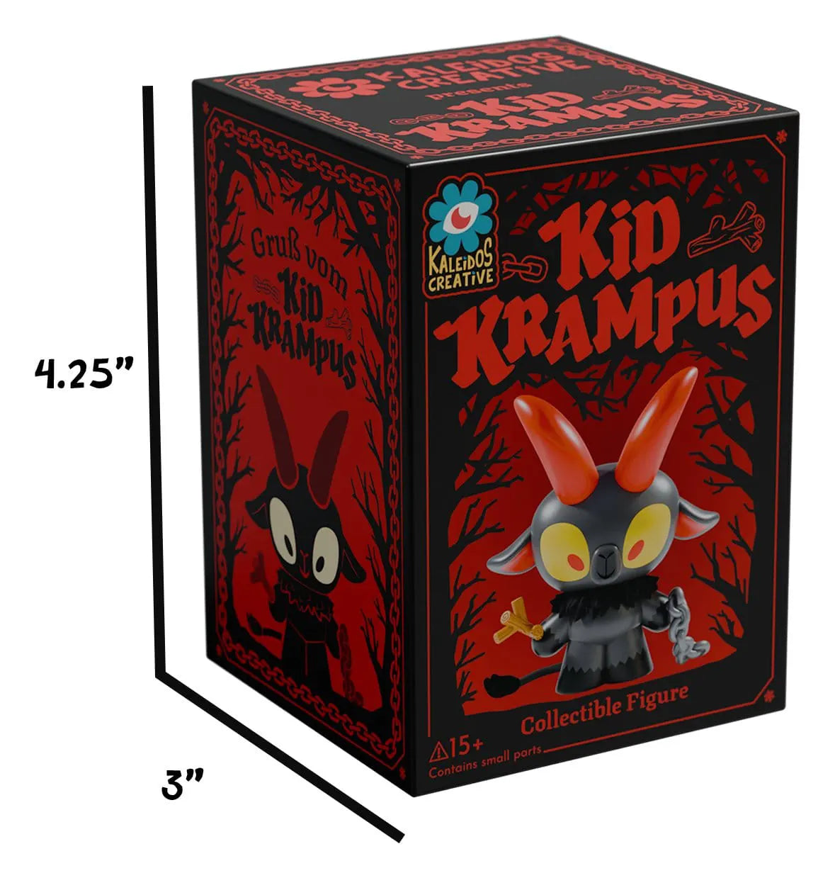 Kid Krampus individual blind box packaging with black and red artwork