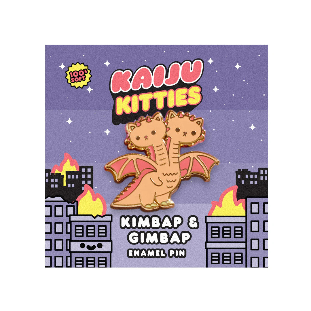 Kimbap & Gimbap Kaiju Kitties enamel pin on branded Kaiju Kitties backing card by 100% Soft