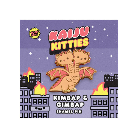 Kimbap & Gimbap Kaiju Kitties enamel pin on branded Kaiju Kitties backing card by 100% Soft