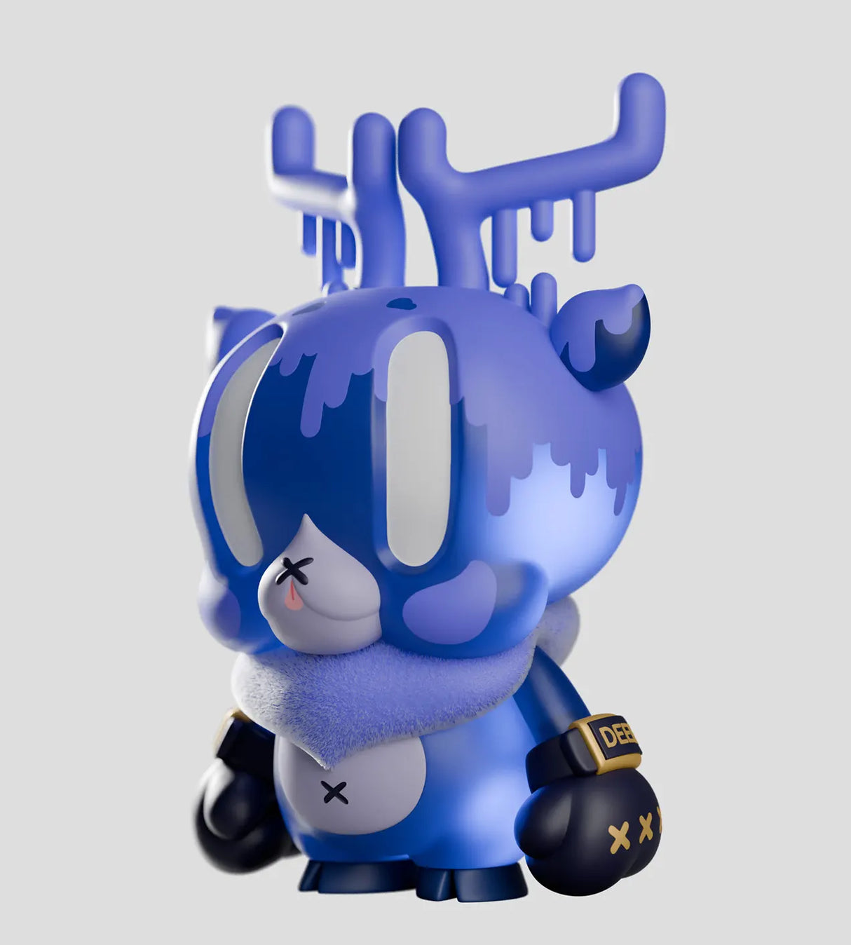 King Deer art toy angled right highlighting gloves and sculpted face