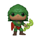 Close-up of King Hiss Funko Pop! with green serpent armor, golden crown, and staff weapon.