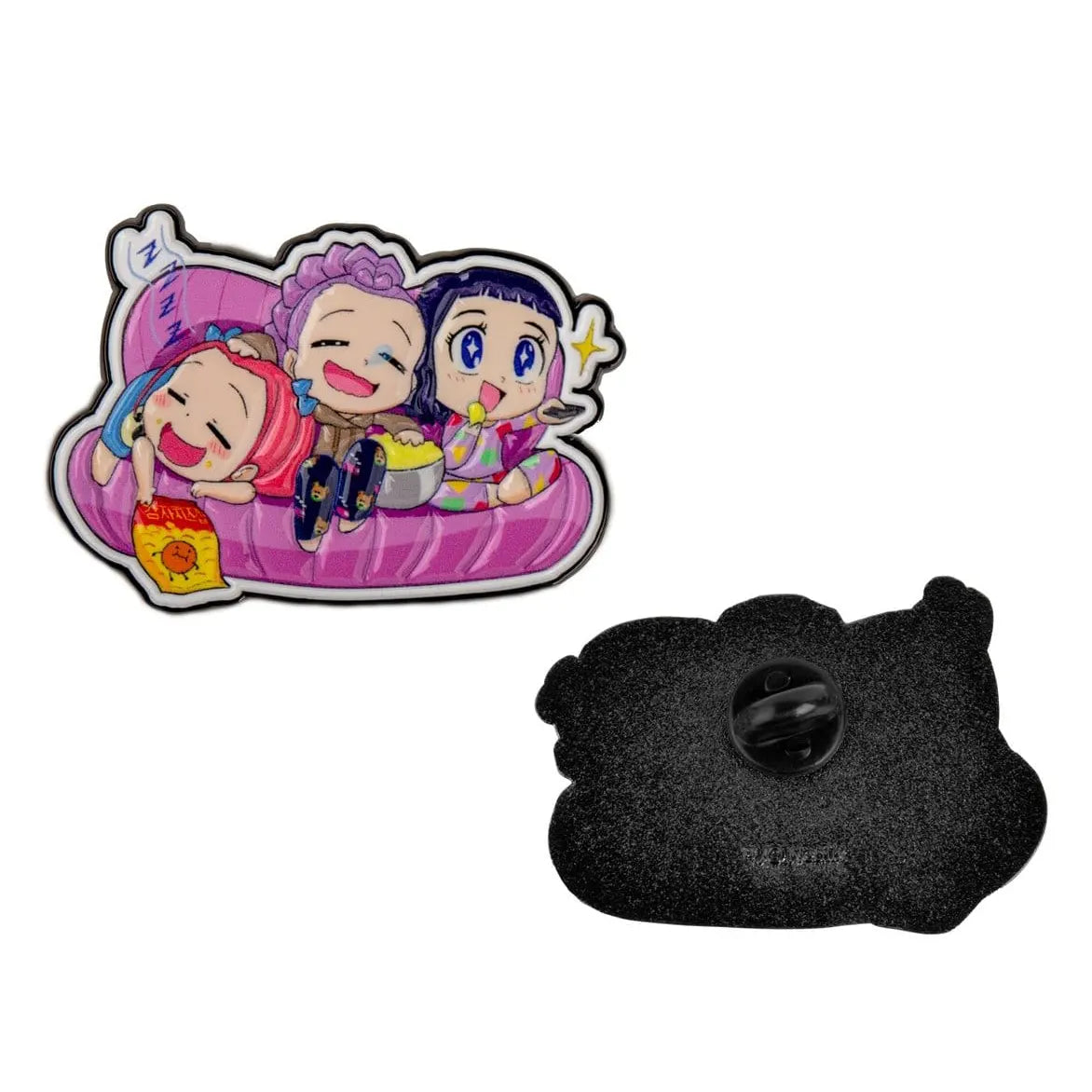 Close-up of the Couch Couch Couch enamel pin featuring the adorable KPop Demon Hunters characters relaxing on a pink couch.