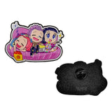 Close-up of the Couch Couch Couch enamel pin featuring the adorable KPop Demon Hunters characters relaxing on a pink couch.