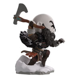Side profile of Kratos Youtooz figure showing axe raised and flowing black cloak.