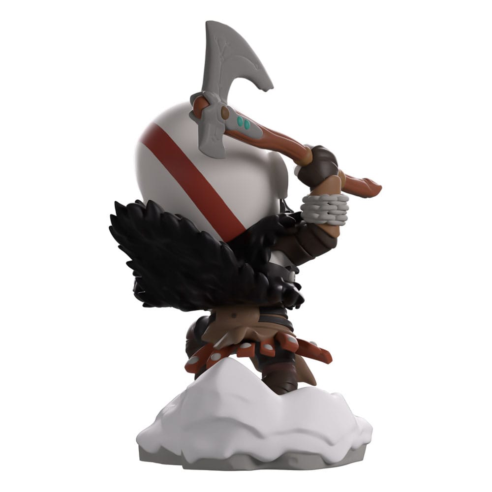 Front-facing action pose of Kratos Youtooz vinyl figure with beard and red tattoo.