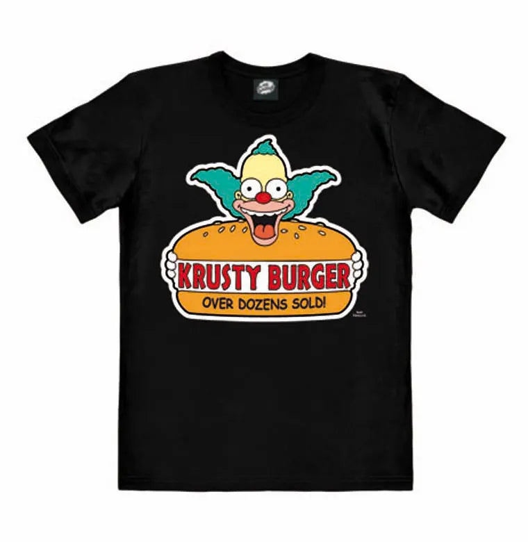 Black T-shirt featuring The Simpsons’ Krusty the Clown holding a burger with the text “Krusty Burger – Over Dozens Sold!” printed on the front.