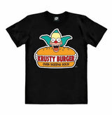 Black T-shirt featuring The Simpsons’ Krusty the Clown holding a burger with the text “Krusty Burger – Over Dozens Sold!” printed on the front.