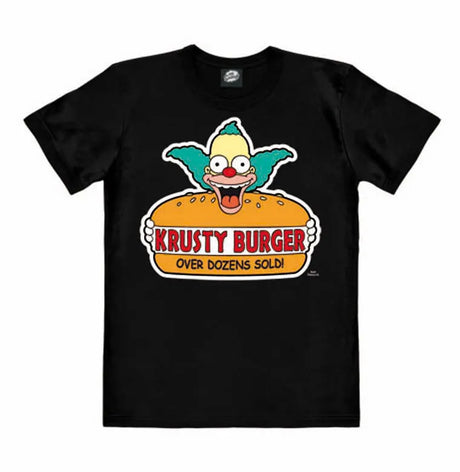 Black T-shirt featuring The Simpsons’ Krusty the Clown holding a burger with the text “Krusty Burger – Over Dozens Sold!” printed on the front.