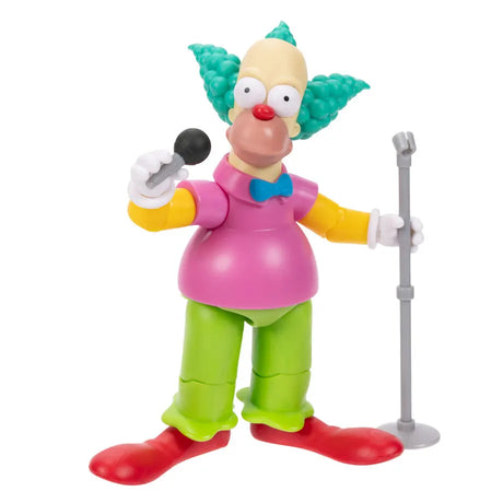 Krusty the Clown action figure holding a microphone with stand accessory, The Simpsons collectible by Jakks Pacific.