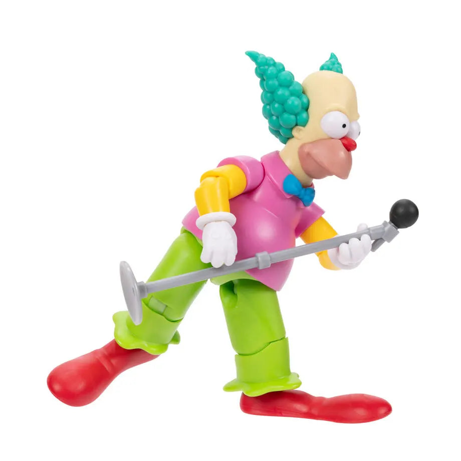 Krusty the Clown figure leaning with microphone stand, articulated The Simpsons collectible by Jakks Pacific.