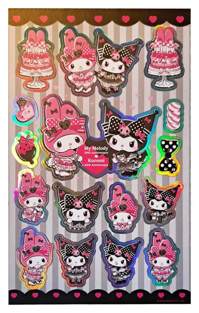 Sanrio Pink Black Party sticker sheet featuring Kuromi and My Melody anniversary-themed holographic stickers