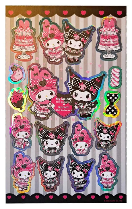 Sanrio Pink Black Party sticker sheet featuring Kuromi and My Melody anniversary-themed holographic stickers