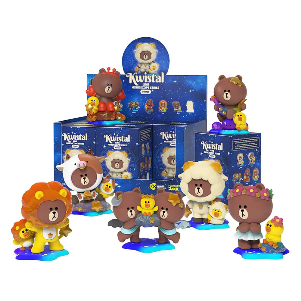 Full display tray of Kwistal LINE Horoscope Series blind boxes with multiple Brown and Sally zodiac figurines.