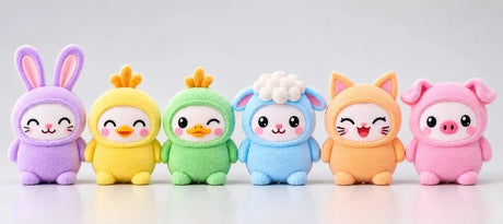 LamaTama Flocked Easter Edition Blind Box collection featuring six pastel-colored animal figures dressed as a bunny, chick, duck, lamb, cat, and pig.