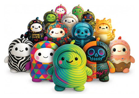 LamaTama Series 1 assorted figures group shot with spiral and patterned designs.