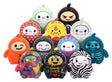 Collection of 12 collectible designer art toy figures with unique colorful patterns including zebra, skeleton, chrome, pixel art, composition notebook, money, and melon designs.