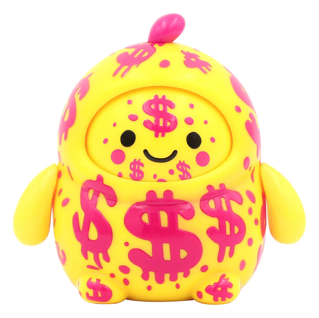 Yellow money designer art toy figure covered in pink dollar signs with smiling face.