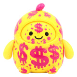 Yellow money designer art toy figure covered in pink dollar signs with smiling face.
