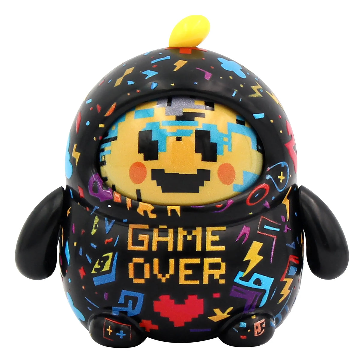 Pixel art Game Over designer art toy figure with retro video game graphics and smiling face.