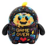 Pixel art Game Over designer art toy figure with retro video game graphics and smiling face.